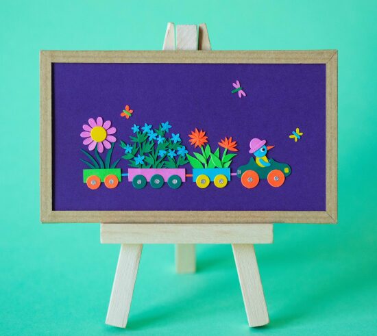 Le train du printemps - Illustration originale 7x12cm